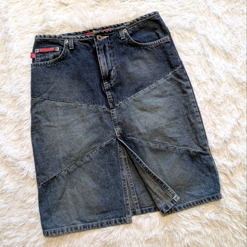 Y2K Vintage Patchwork Denim Slit Front 100% Cotton Grunge Pencil Skirt 1/23